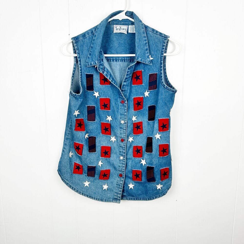 Tantrums Blue Denim Star Patch Vest 100% Cotton Large